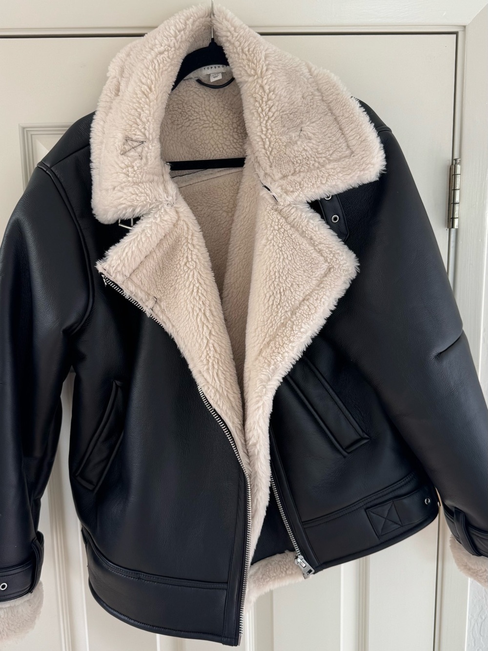 Topshop Black Faux Leather Jacket with Cream Sherpa Lining
